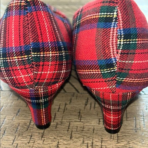 Red Stewart Tartan Modest Heels 👠 👠 with Rounded Toe Durable Canvas Fabric 9.5 W - Picture 6 of 17